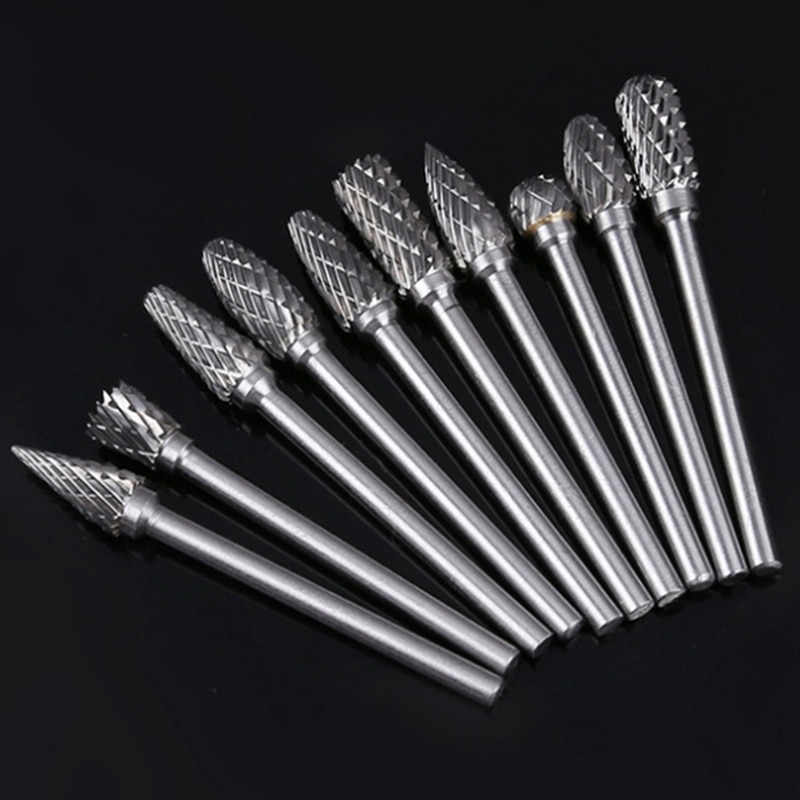 Double Cut Carbide Rotary Burr Set - 10 Pcs 1/8inch Shank, 1/4inch Head Length Tungsten Steel for Woodworking,Drilling