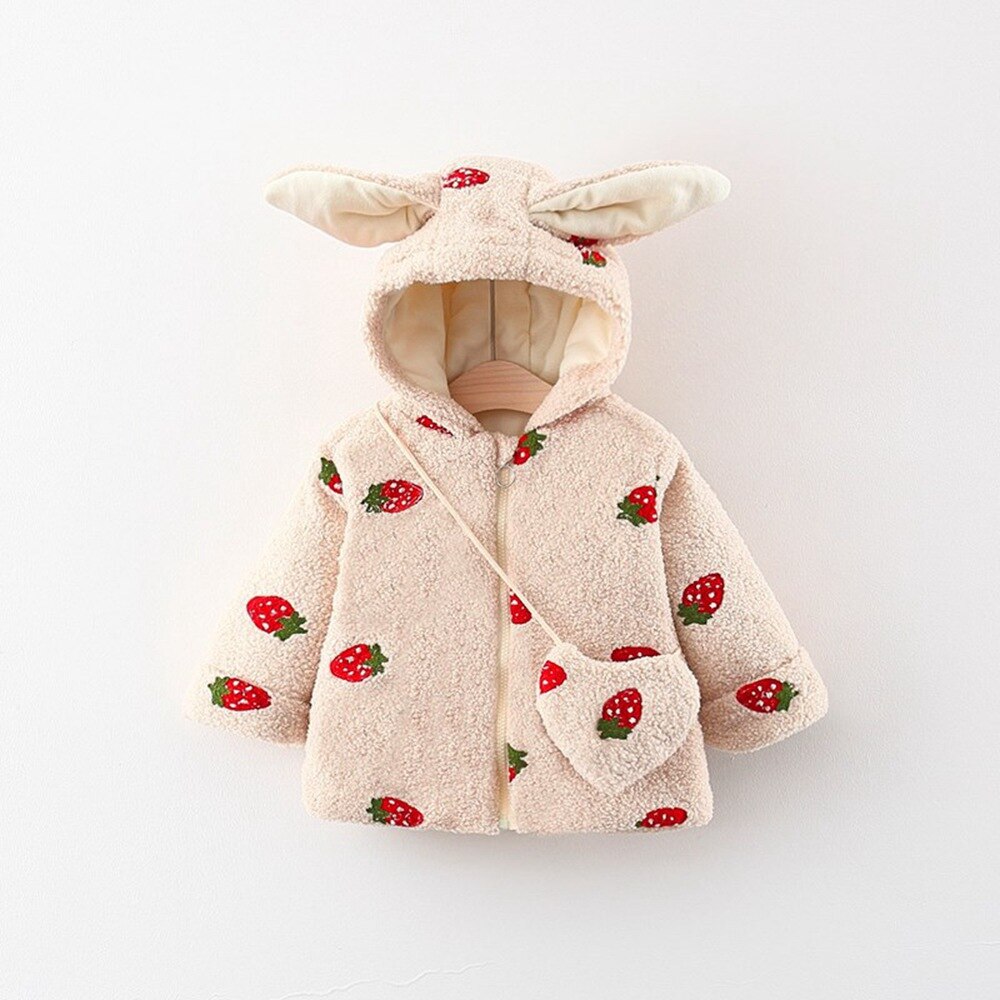 Winter Girls Kids Coat Warm Cherry Velvet Fleece Jacket Children Baby Infants Ear Hooded Thicken Outwear Casaco+Bag S11350: Beige Strawberry / 9M