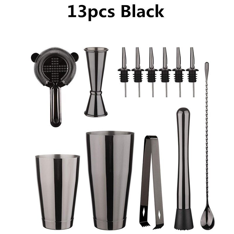 13 pçs/set aço inoxidável cocktail shaker gelo tong mixer bebida boston bartender browser kit barras conjunto ferramentas barra profissional: 13pcs Black
