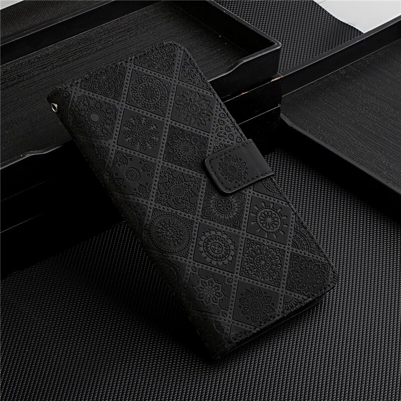 For Samsung A12 Case Leather Wallet On For Coque Samsung Galaxy A12 SM-A125F A 12 Flip Stand Floral Embossed Phone Cover Etui: Black