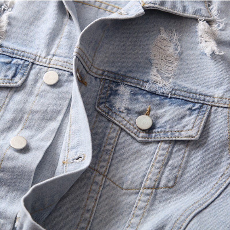 Primavera otoño agujero rasgado claro azul chalecos para hombres Punk coreano solo pecho ajustado chaleco sin mangas masculino de talla grande