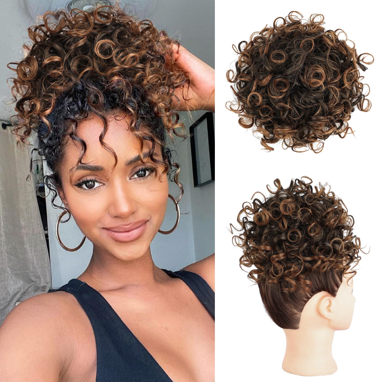 Coque de cabelo bagunçado, peça de cabelo com cordão elástico, onda solta, grande coque encaracolado, 60 gramas, extensão de rabo de cavalo sintético curto para mulheres: 1B/30HL