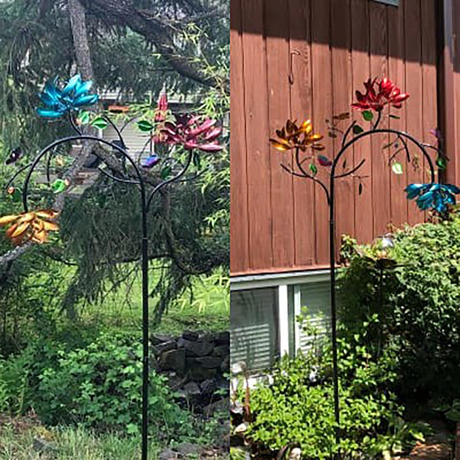 Large Metal Wind Spinner With Three Spin Flowers And Butterflies Windmill Rotating Garden Lawn Party Decor Toy Funny