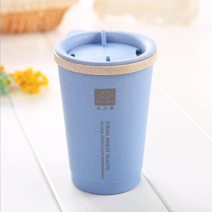 280ML Double-wall Insulation Wheat Fiber Straw Coffee Cup Travel Mug Leakproof plastic cups with lids tea cup cute coffee cup: Blue