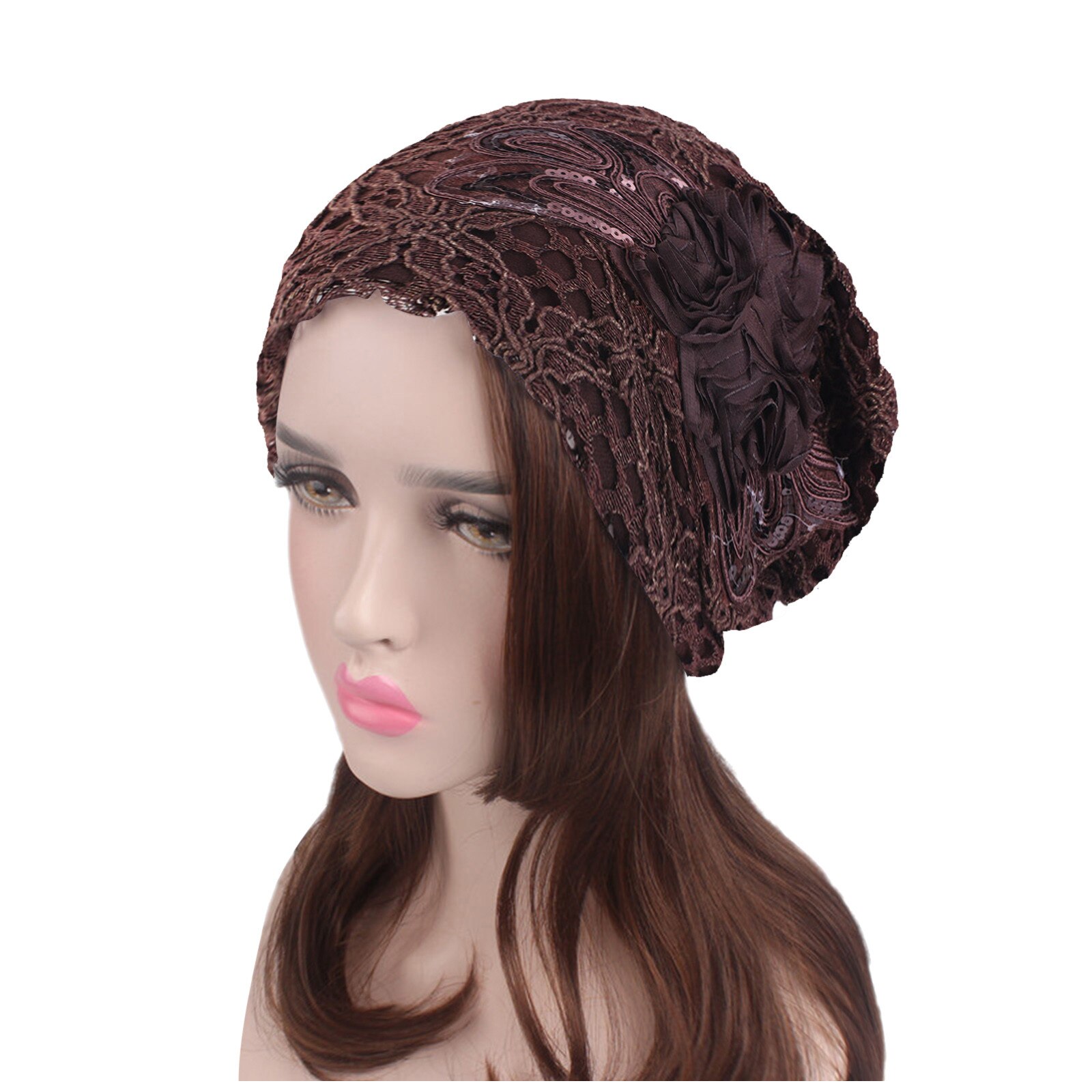 Lady Lace Muslim Ruffle Hat Beanie Scarf Turban Head Wrap Cap Hat Ethnic Style Lace Sequined Large Flower Ear Cap
