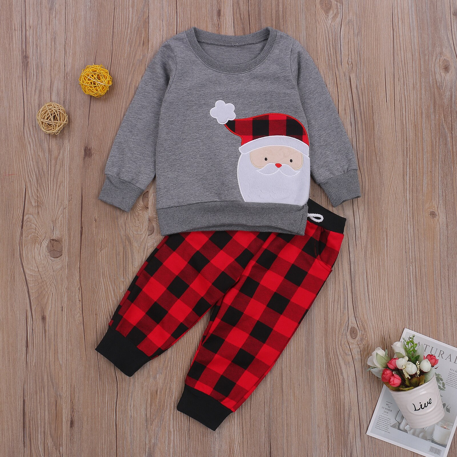 Baby Jongen Lange Mouw Broek Pak Cartoon Kerstman Trui T-shirt En Klassieke Plaid Elastische Lange Broek Homewear