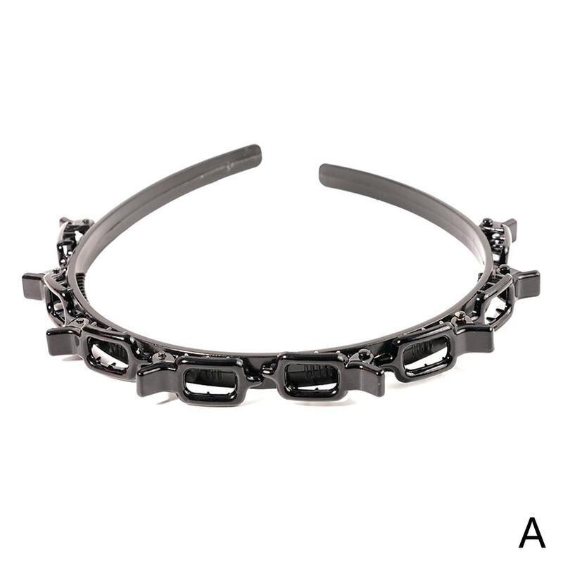 Banda para el pelo con doble flequillo para mujer, bandana de tejido calado con doble flequillo, horquilla para peinado, diadema para mujer, joyería de boda, 1 unidad: Black