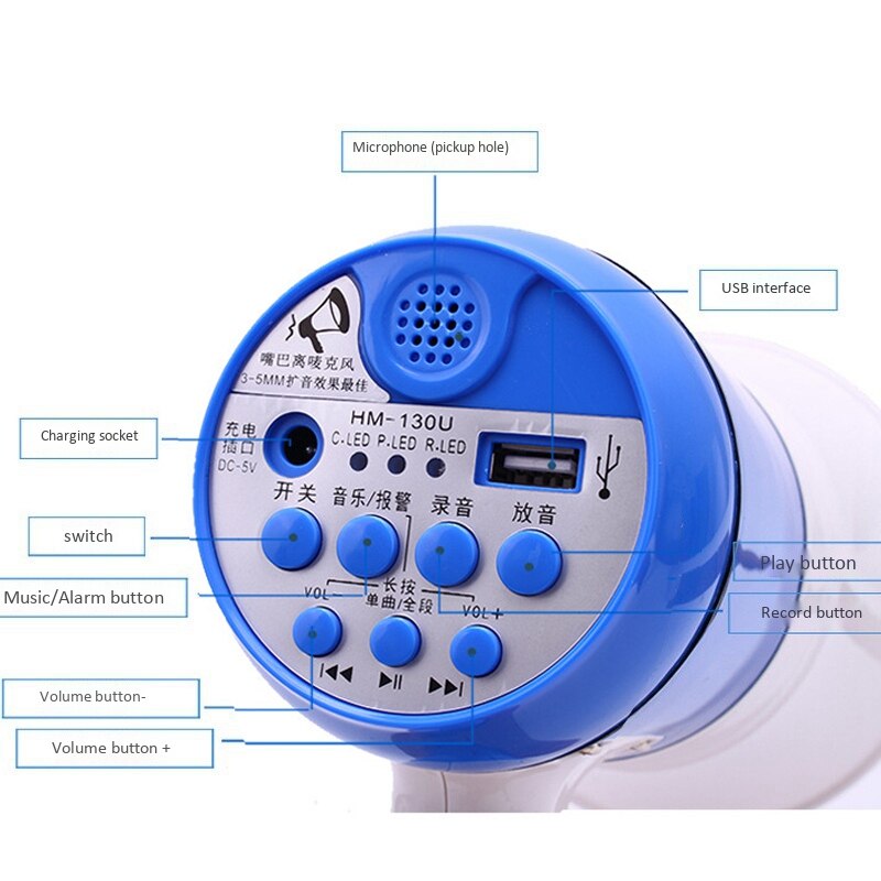 Megáfono portátil de alta potencia con función de alarma musical, grabación de alta definición, Larga modo de reposo