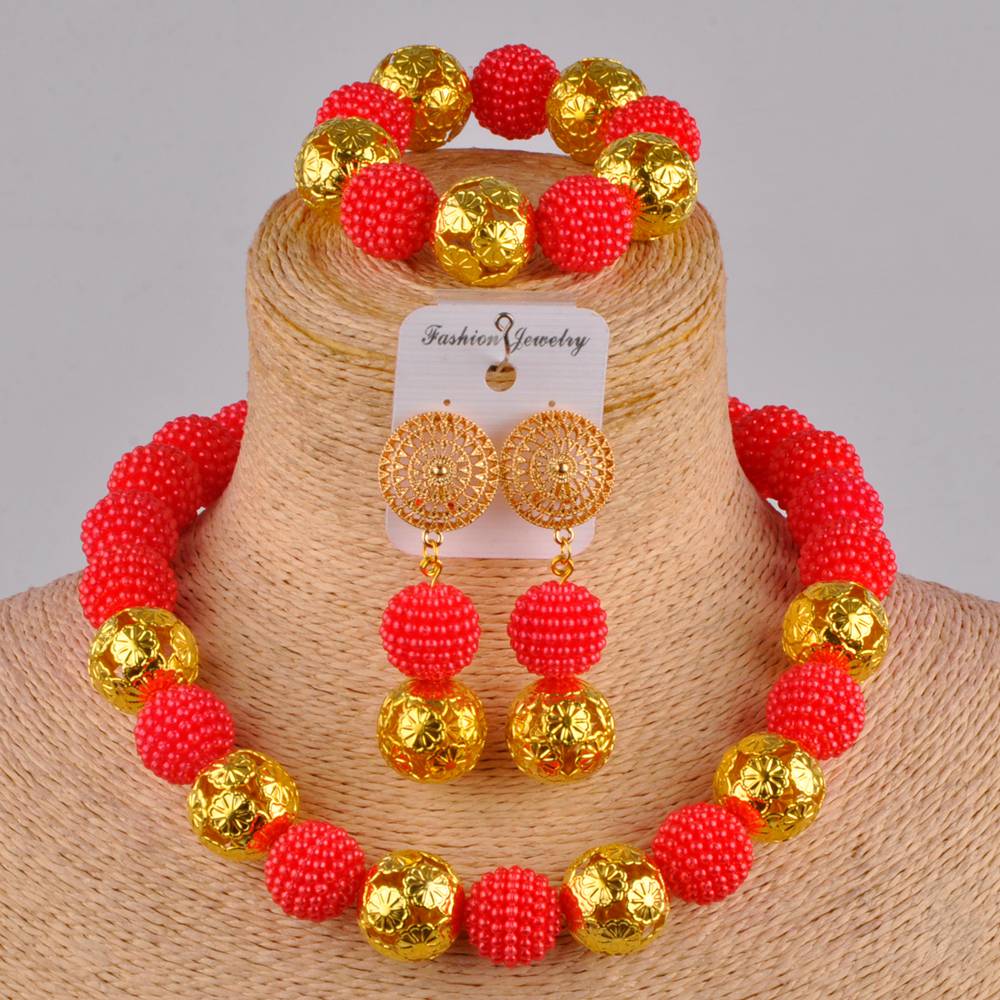 Klassieke nigeriaanse trouwsieraden, afrikaanse bruidsjurkaccessoires, perzikkleurige imitatieparelkettingset (az -77): Rood