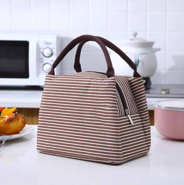 Newest Lunch Bag Insulated Cold Canvas Stripe Picnic Carry Case Thermal Portable Lunch Box Women Kids Men Lunch Box Bag Tote: coffe stripe