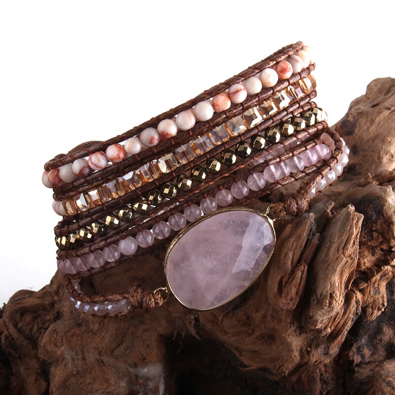 RH Boho Beaded Bracelet Handmade Mixed Natural Stones & Crystal Stone Charm 5 Strands Wrap Bracelets: pink