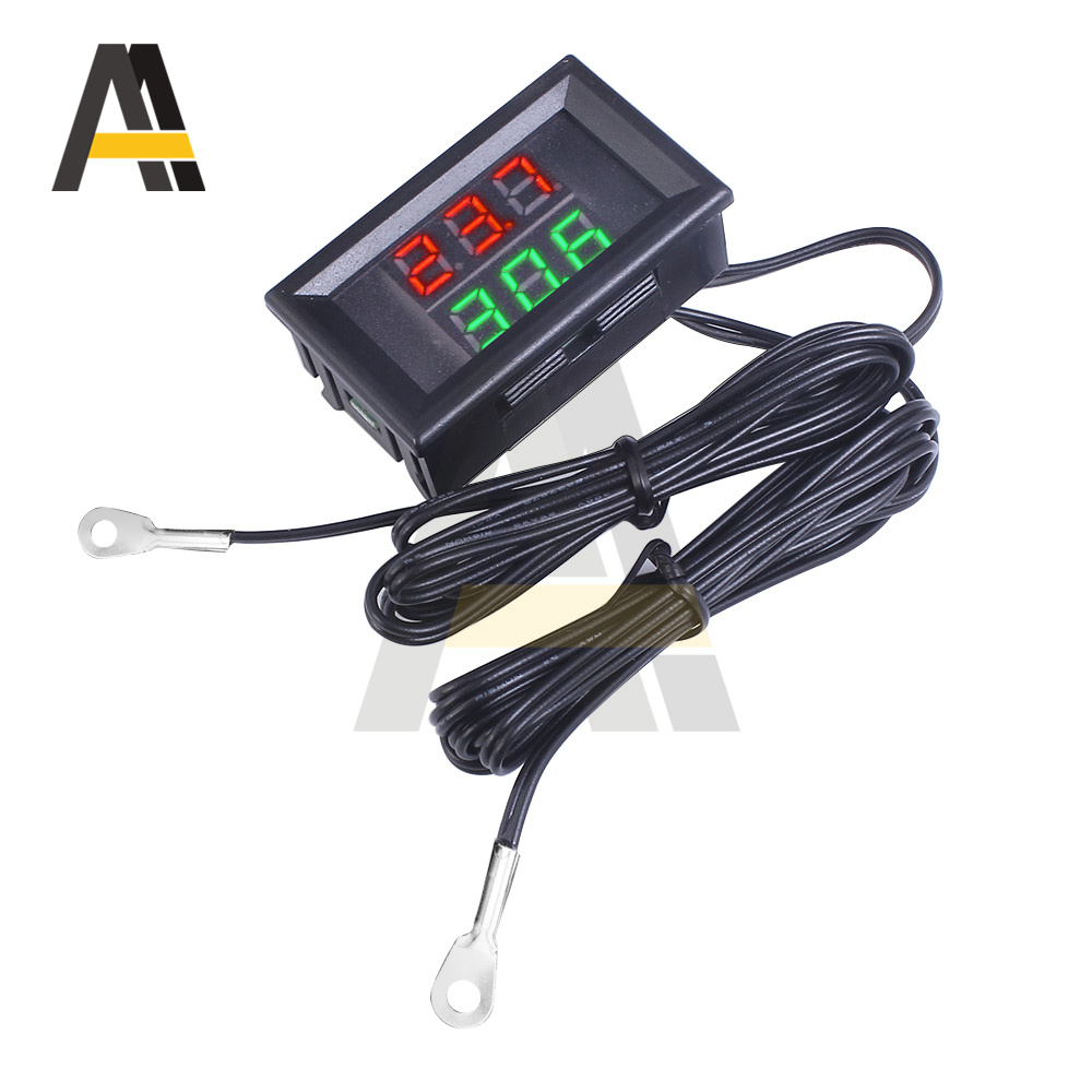 Dual display digital termometer ntc metal vandtæt dobbelt probe  dc4-28v lcd indendørs praktisk elektronisk temperatursensor: Rødgrøn