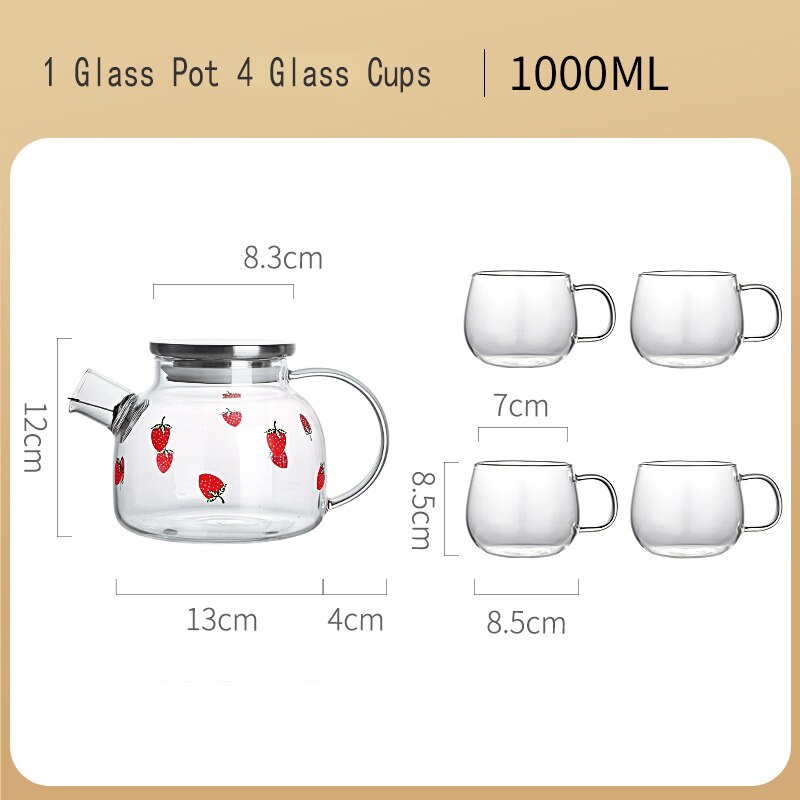 Water Jug Glass Water Pitcher Strawberry My Water Pots With Handle for Boiling Cold Drinkware Glass Pitcher 1000ML 1800ML: 1000ML 4 Cups