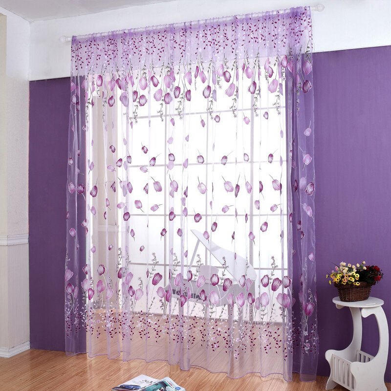 Cortinas de tul de tulipán para dormitorio de niños, visillo moderno de color púrpura para puerta, cocina y ventana, sombreado solar, 100x200cm: Morado
