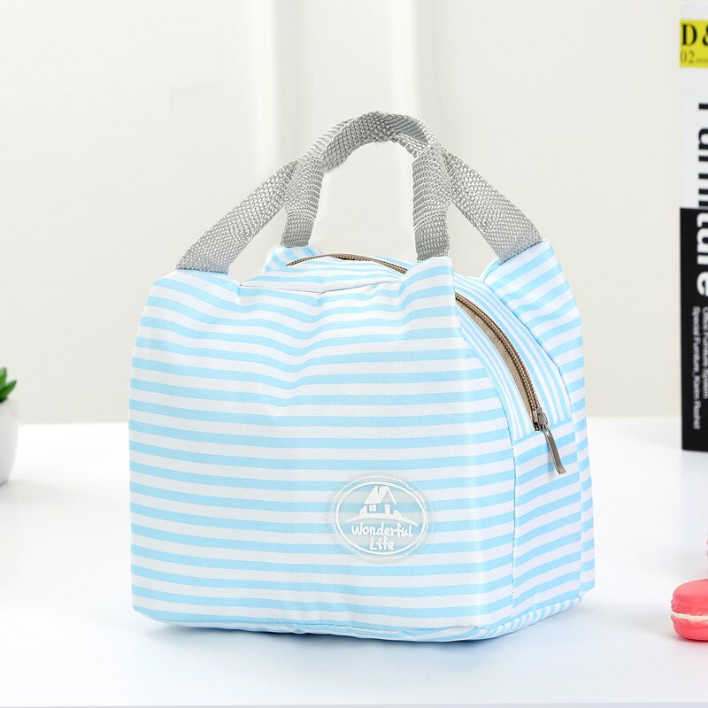 2021 nuovi sacchetti pranzo portatili isolati dispositivo di raffreddamento impermeabile trasportare Tote borsa di stoccaggio a strisce Casual donna ragazza confezioni Casual vendita calda: Blu