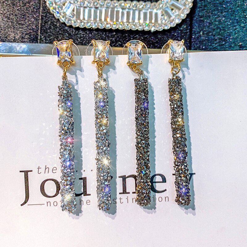 925 sterling sølv nål lange dingle øreringe til kvinder smykker hvid sort rhinestone kvindelige kvast øreringe bijoux