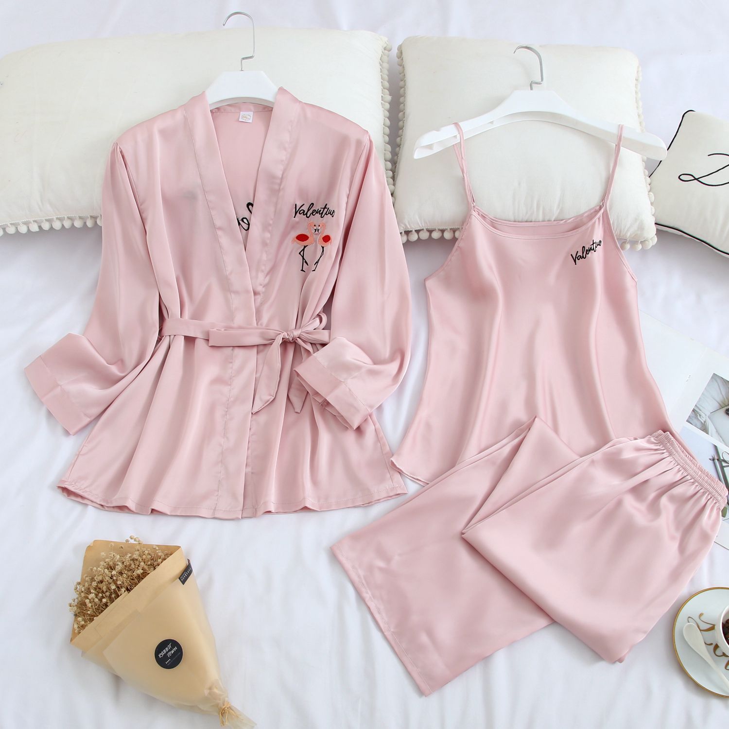 Sexy Women's Ice Silk Three-Piece Spring and Autumn Home Casual Pijamas Sleepwear Cardigan Silk Home Service Thin: Pink - 3pcs