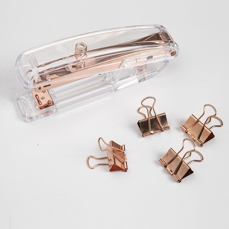 1 Rose Gold Stapler Set Office Transparent Plastic Stapler Binding Machine School Suppliers Stationery
