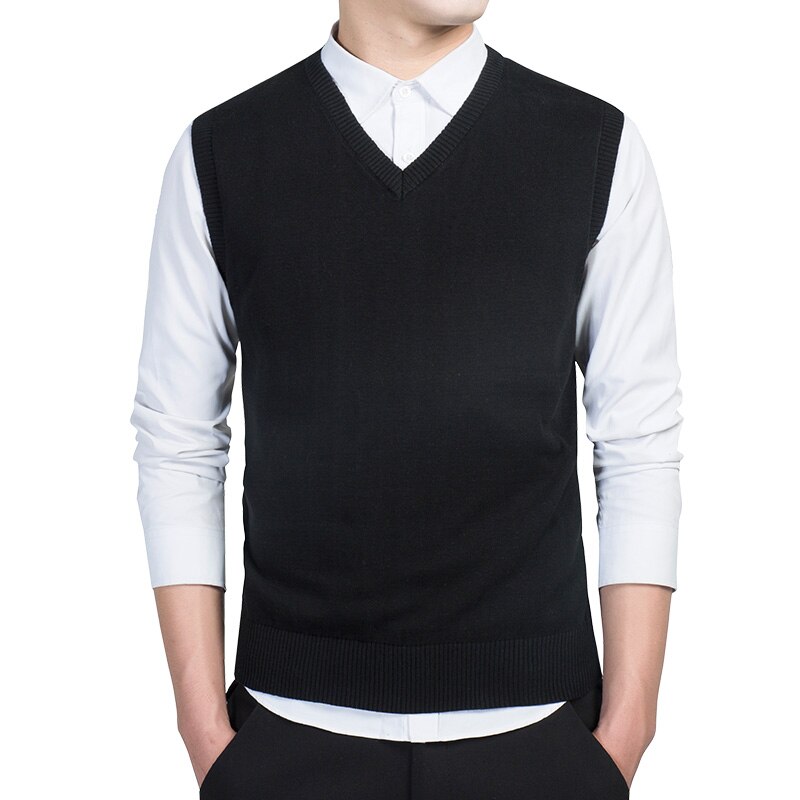 100%  bomullsgenser herre høstvarme herregensere klassisk ren farge v-hals ermeløs vest pull homme vinter herreklær 3xl: Svart / L