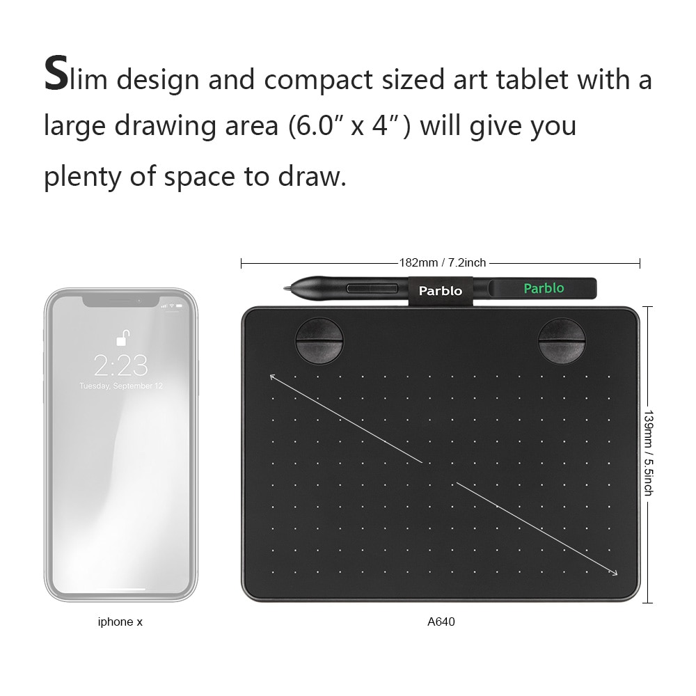 Parblo A640 6*4 pouces grande surface Active dessin tablette USB Signature graphique tablette 8192 pression avec sac et gant