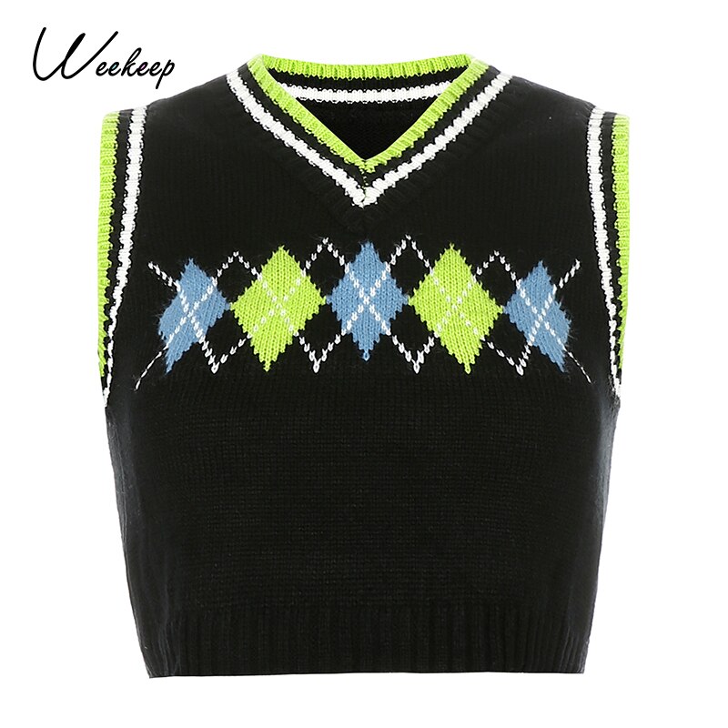 Weekeep Colorful Argyle Plaid Knitted Sweater Vest Women Preppy Style Streetwear 90s Retro Striped Patchwork Sleeveless Knitwear: Black / L