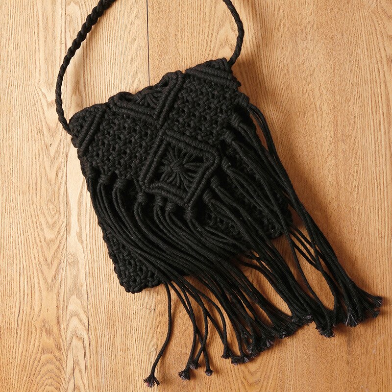 Bolso de ratán Vintage hecho a mano para mujer, tejido con borla bandolera, bolsos de paja para la playa, mensajero, bandolera, BILLETERA, almacenamiento: Black