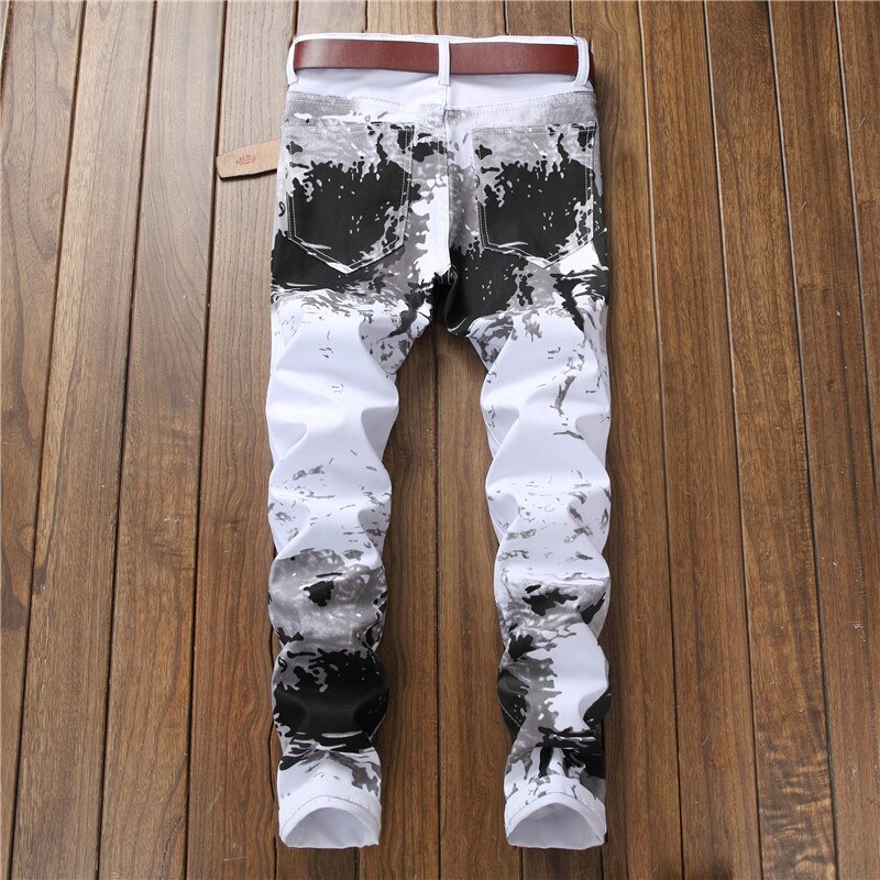 Pantalones vaqueros blancos de leche de ajuste delgado para hombre, Jeans estampados de , Jeans elegantes de urbana, Jeans clásicos informales;