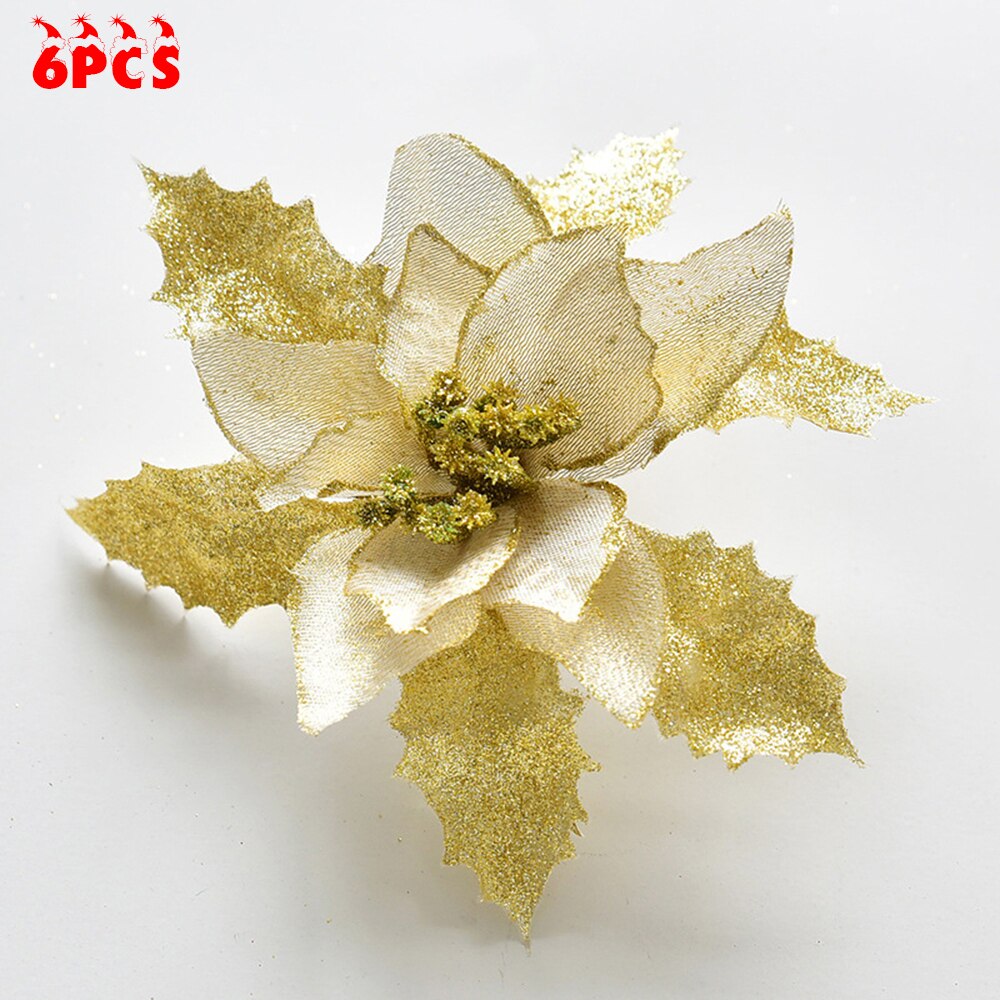 Set Van 6 Grote Poinsettia Glitter Wit Op Kerstboom Decoraties Kunstmatige Kerst Bloemen Glitter Nep Bloemen: Gold