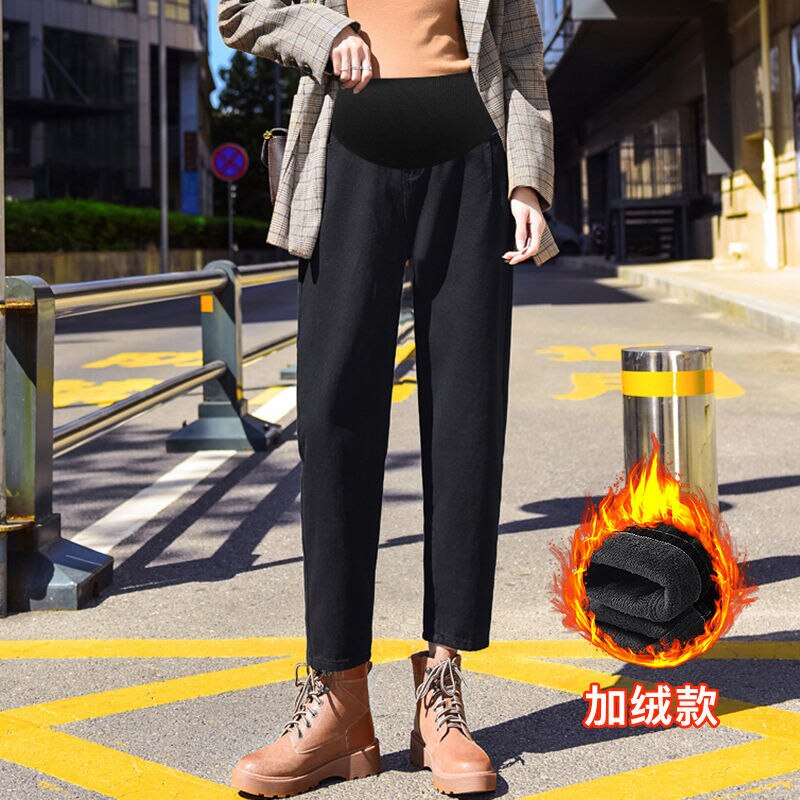 Winter Fleece Loose Cooton jeansy ciążowe ciążowe spodnie ciążowe dżinsy typu Boyfriend spodnie ciążowe dla kobiet w ciąży ubrania: black Fleece / XL 62-70KG