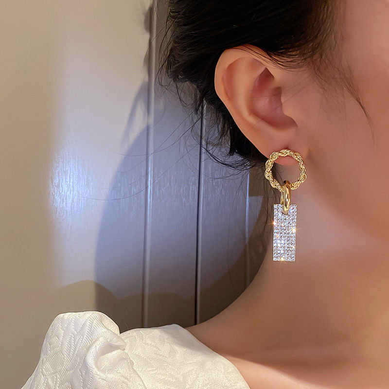 France Style Women's Luxury Zircon Square Pendant Earrings Gold Color Round Shiny Earrings For Women Trendy Jewelry