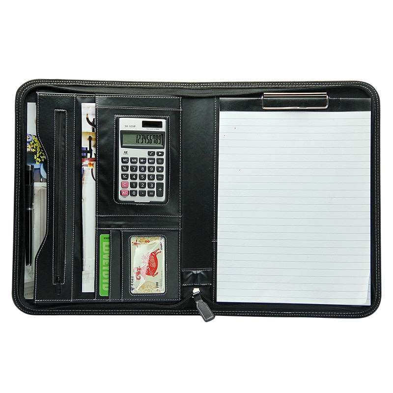 Multifunktionel personlig business lynlås padfolio mappe dokument taske organizer pu læder  a4 mappe mappe portefølje lommeregner