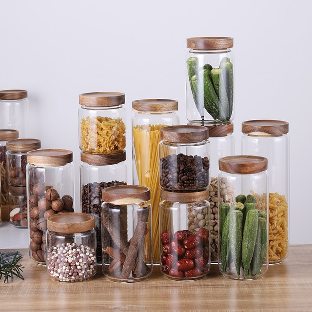 Holz Deckel Glas Luftdichten Kanister Küche Lagerung Flaschen Gläser Lebensmittel Container Körner Tee Kaffee Bohnen Körner Süssigkeit Krug Container