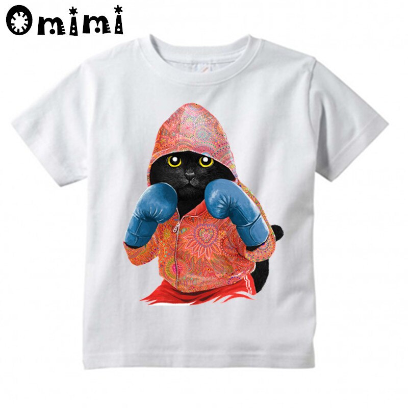 Jongens/Meisjes Super Boksen Kat Aanval T-shirt Kids Casual Cool Tops Kinderen Zomer Wit Leuke T-shirt