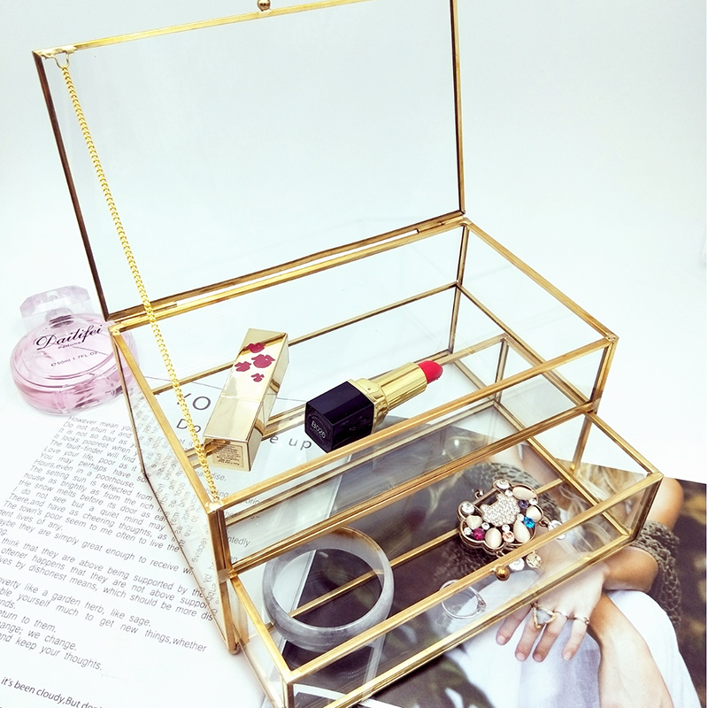 Vintage Glass Cosmetic Storage Box Drawer Organizer Desktop Dust Proof Cotton Swab Tissue Box Dressing Table Shelf Decor Holder