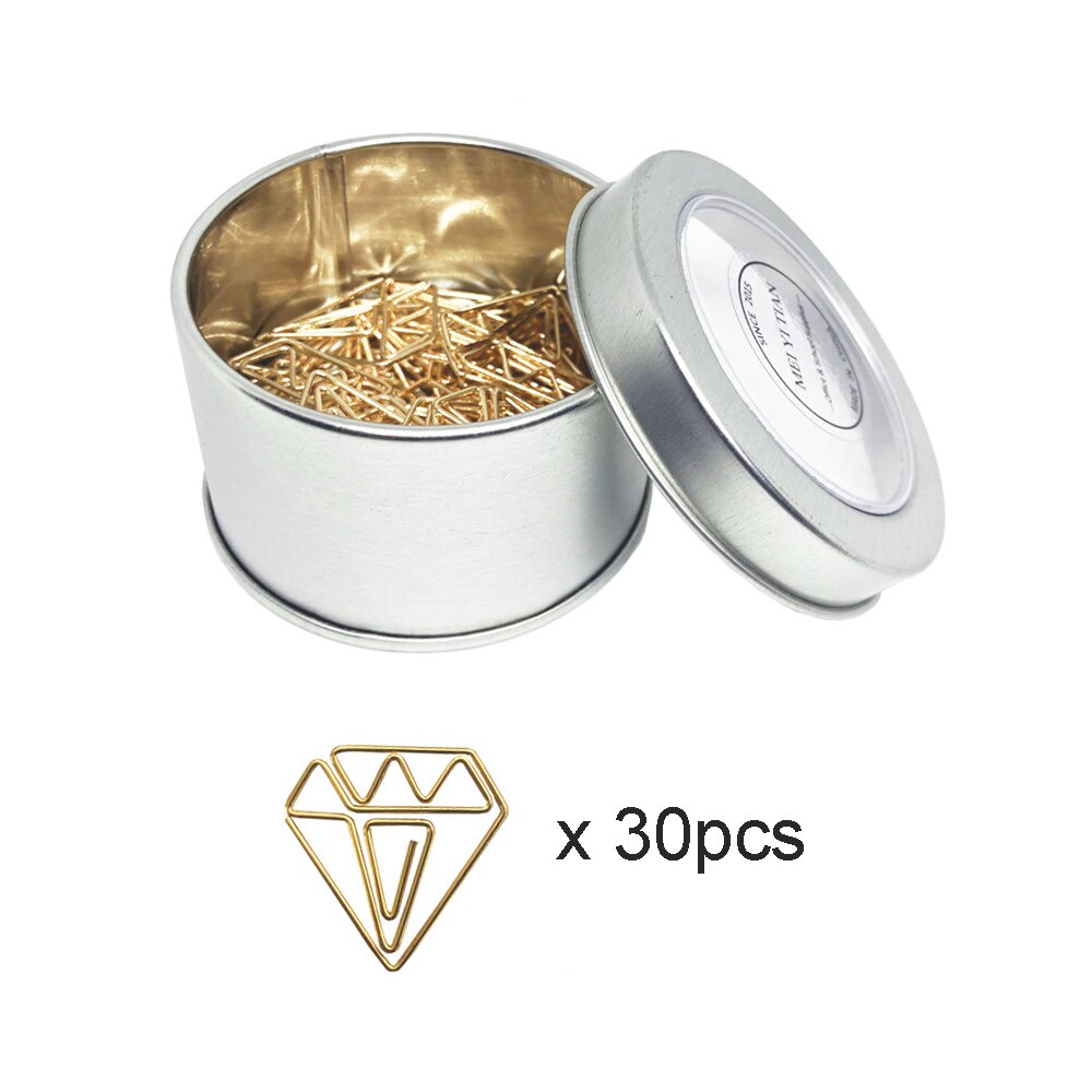 30 stk guld papirclips diamant form bogmærker klip sød i blik papir clips dispenser holder rund blik æske sæt