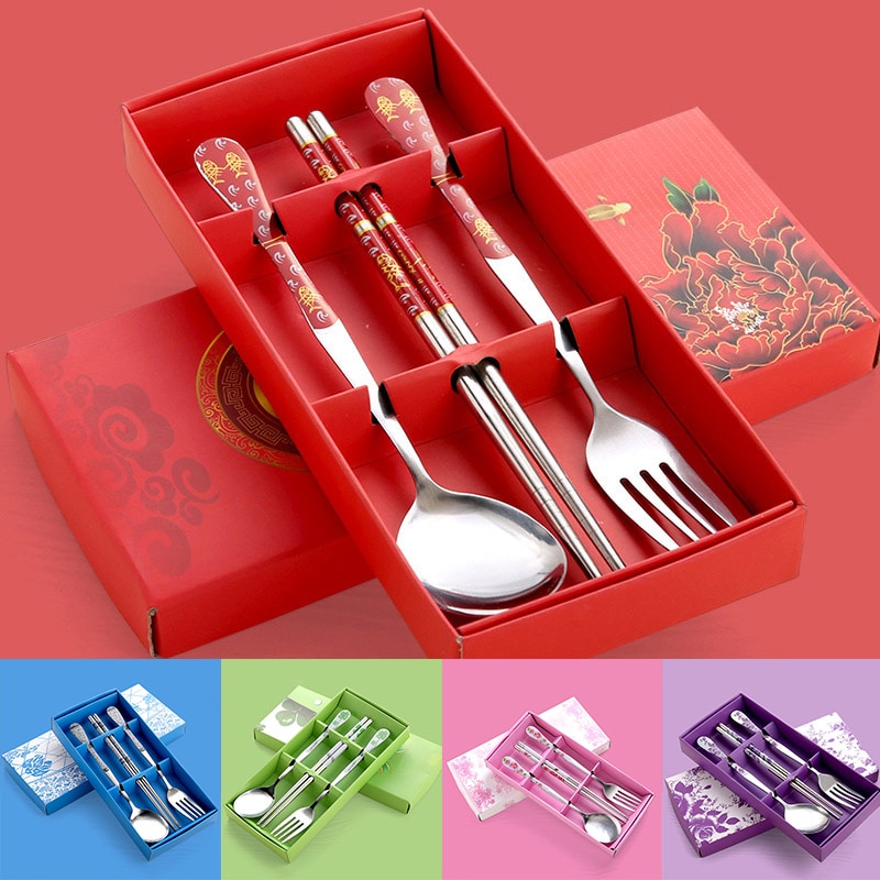 3 unids/set vajilla Picnic Camping cubiertos para viajes al aire libre con el caso de accesorios de cocina de acero inoxidable de estilo chino