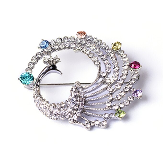 Broche de cristal de , broches elegantes de Bauhinia, Pin de solapa, broches de diamantes de imitación, ramillete, joyería de boda para mujer: Silver peacock