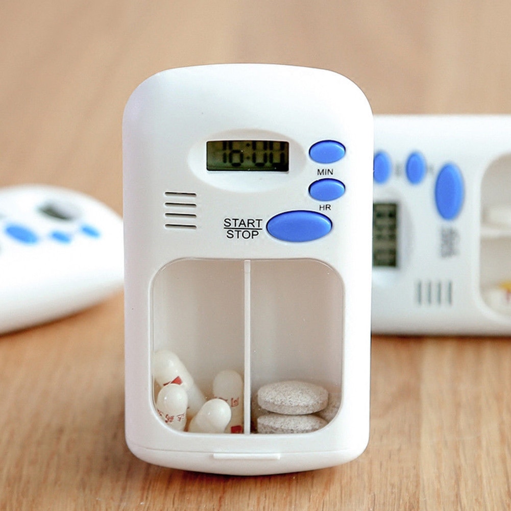2 Grids Digital Home Use Portable Pill Box LCD Medicine Reminder Electric Alarm Small Battery Powered Travel Timer White