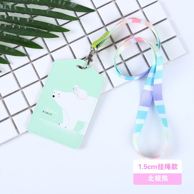 Modernos tarjeteros de piel sintética para mujer, estuche para tarjetas de presentación, identificador de dibujos animados portátil para estudiante, tarjetero para tarjetas de identificación, funda con cordón: white bear