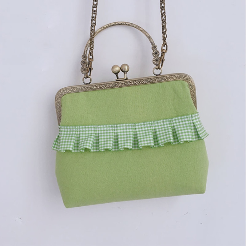 Angelatracy Handmade Metal Wrinkle Circular Plaid Green Lace Embroidery Women Shoulder Day Clutches Handbag Shoulder Bags