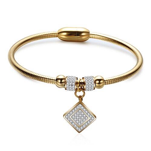 Square Crystal Bracelets Bangles Magnet Clasp With Snake Chain 316L Stainless Steel Wedding Jewelry Bangle for Women: gold