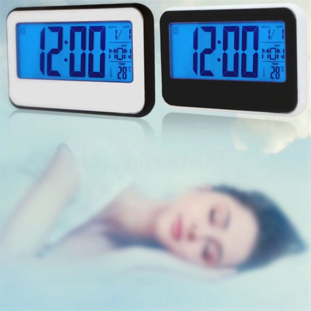 LCD Display Digital Backlight Alarm Clock Thermometer Sound Controlled Home Black/White