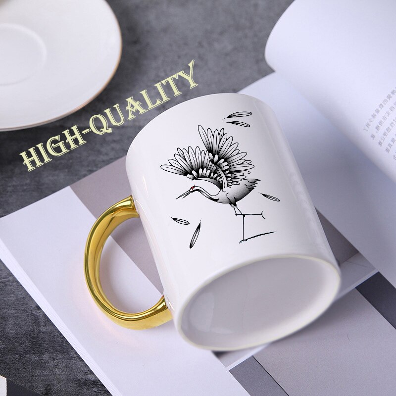 Creatieve Chinese Crane Mok Goud Handvat Keramische Koffie Mokken Thee Melk Bier Mok Water Cup Drinkware Cup KTDW-026