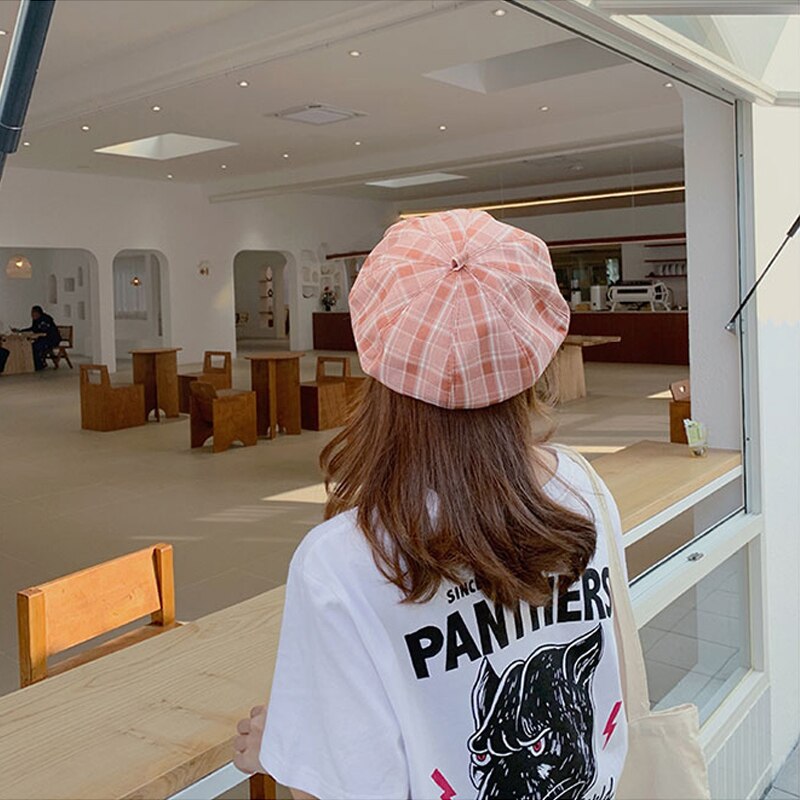 Foux baret plaid kvinder sommer sød nyhedsdreng hat maler koreansk stil fransk hårspænde damer kvindelig justerbar reb