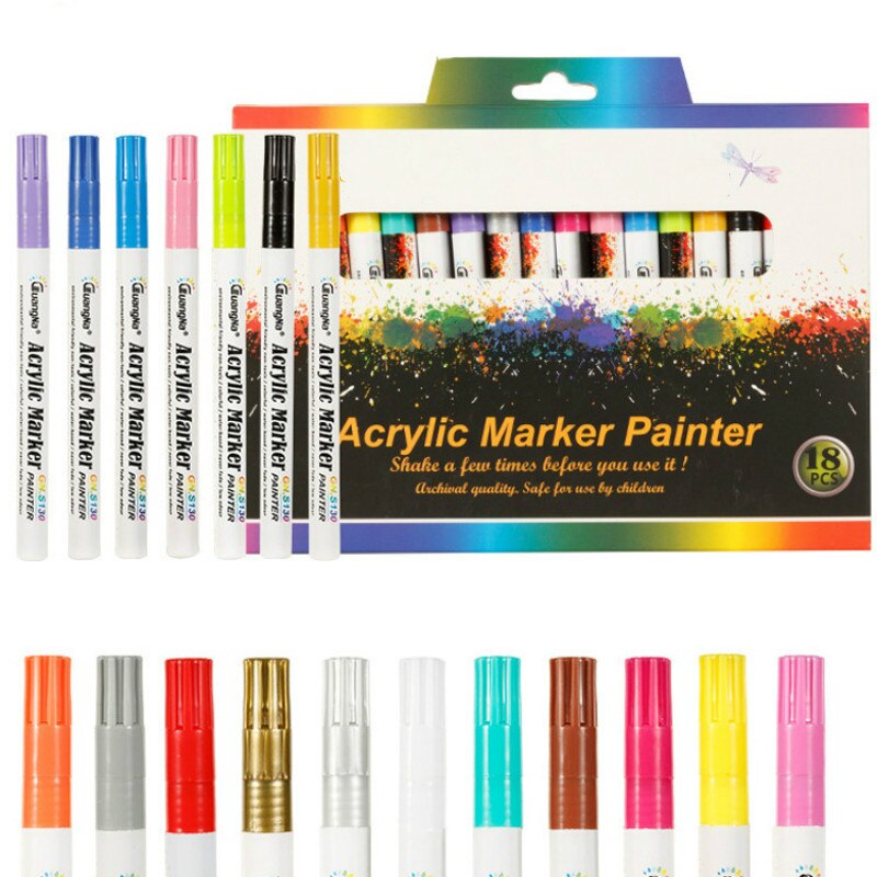 12/18 Kleuren 0.7Mm Acryl Verf Marker Pen Art Marker Pen Voor Keramische Rock Glas Porselein Mok Hout Stof Canvas schilderen