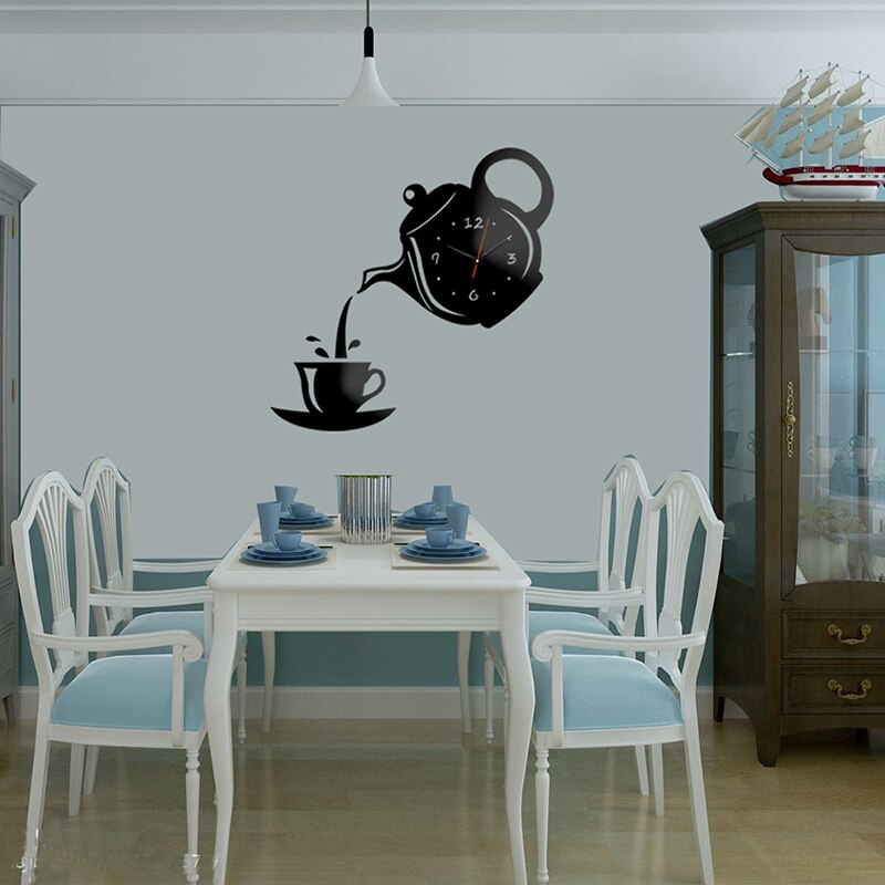 Taza de acrílico para café, tetera, 3D Reloj de pared, relojes decorativos de pared de cocina, reloj de decoración para el hogar, Relojes de pared de cocina, sala de estar