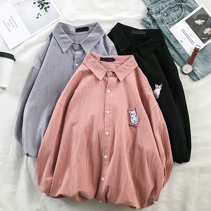 Long Sleeve Shirts Men Casual Japanese Style Shirt Mens Blouse Embroidered Pink Plus Size Students Clothes Aesthetic Blouses