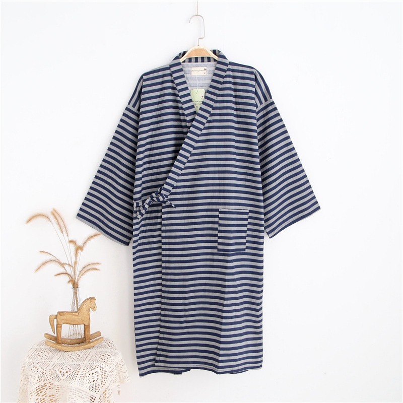 Albornoz de hombre para ducha, camisón de algodón para primavera y verano, Kimono para parejas, pijamas Yukata, cárdigan, bata a rayas, ropa de dormir para el hogar: L / Beige