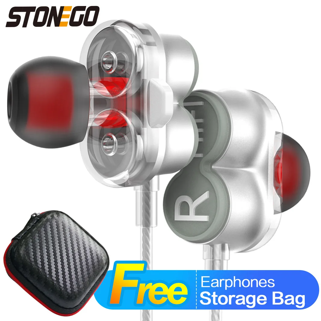 STONEGO podwójny sterownik słuchawki douszne słuchawki sportowe dynamiczne słuchawki mikrofon głośnomówiący dodatkowy bas radiowy 3.5mm Jack: Czerwony