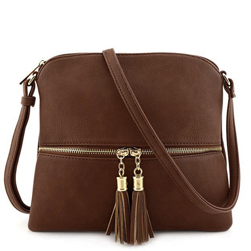 38# Luxury Handbags Women Bags Women Leather Tassel Crossbody Bag Pure Color Shoulder Bags Messenger Bag bolsos: Brown